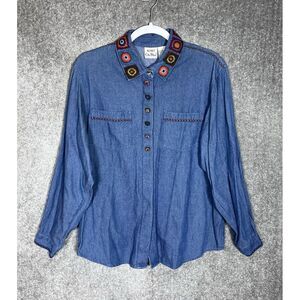 Vintage Koret‎ City Blue Petites Denim Top Womens Size LP Blue Button Up Blouse